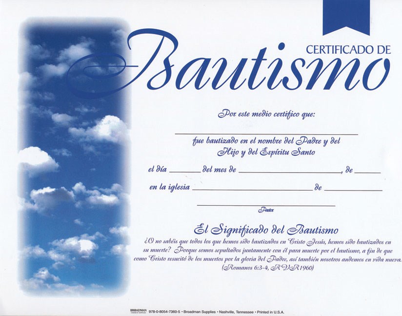 Span Certificate Baptism 4 Color Certificado De Bautismo Pack Of 6 9780805473605 Ebay