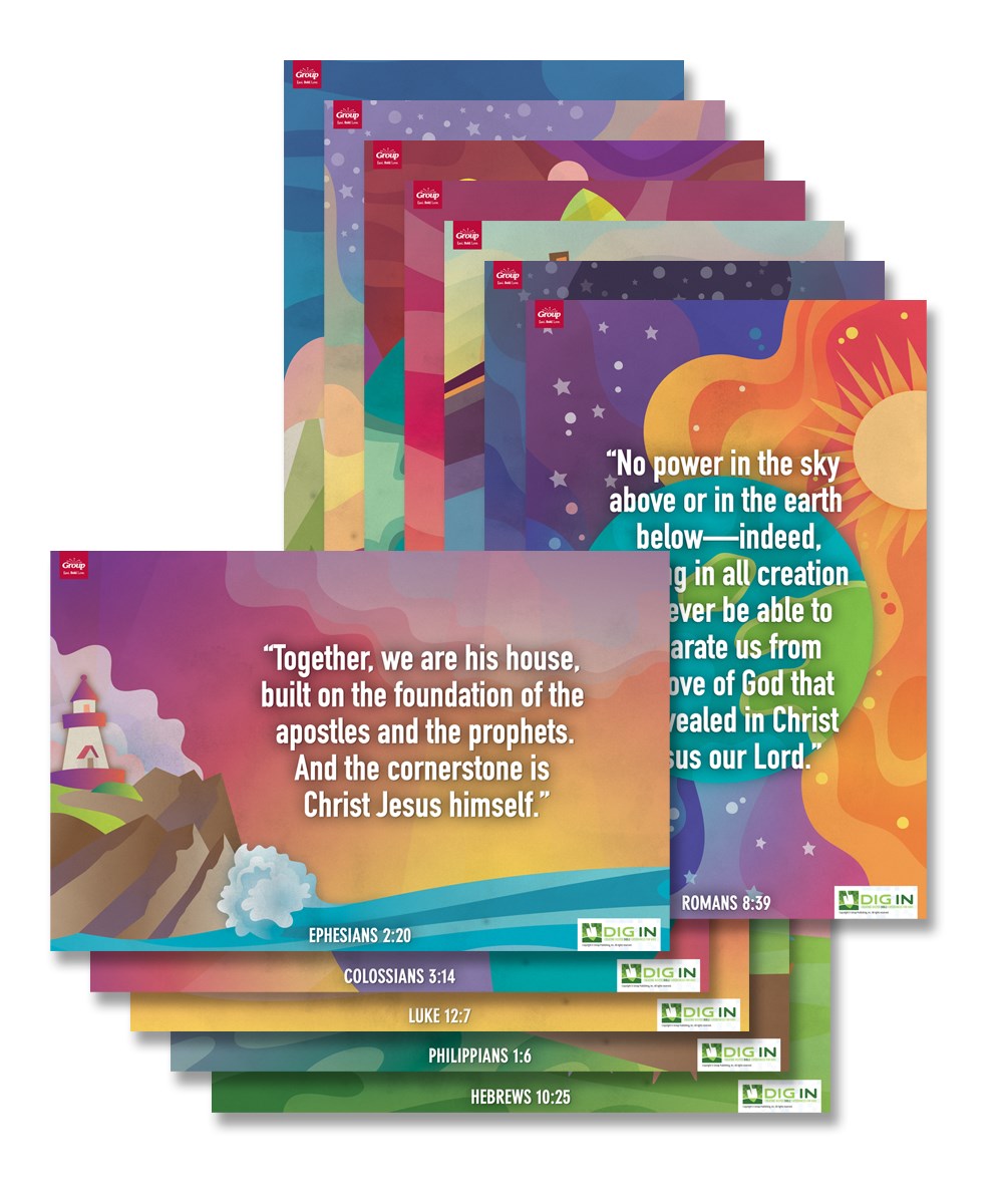DIG IN-FOUNDATIONS OF FAITH BIBLE VERSE POSTERS (SET OF 12)