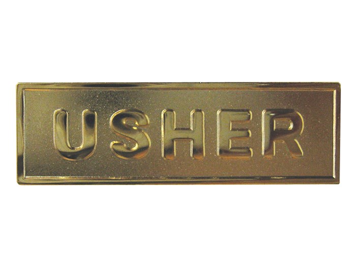 {=Badge-Usher-Pin Back-Rectangle-Brass }