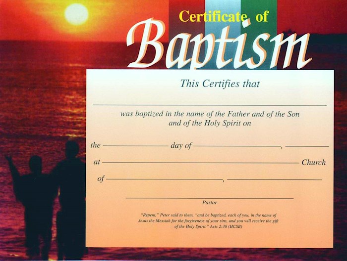 {=Certificate-Baptism w/Romans 6:3-4 (4 Color Sunset) (8-1/2" x 11") (Pack Of 6)}