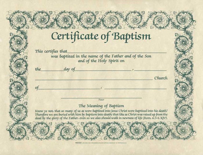{=Certificate-Baptism w/Romans 6:3-4 (Parchment) (8-1/2" x 11") (Pack Of 6)}