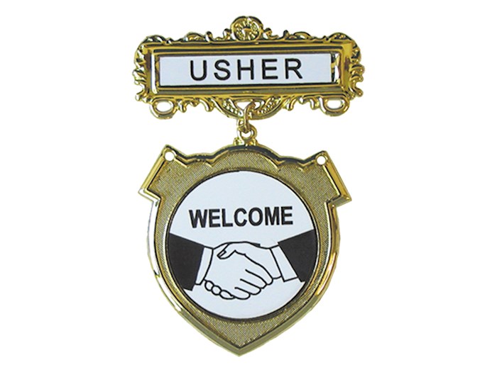 {=Badge-Usher Welcome-Pin Back-Shield-Brass}