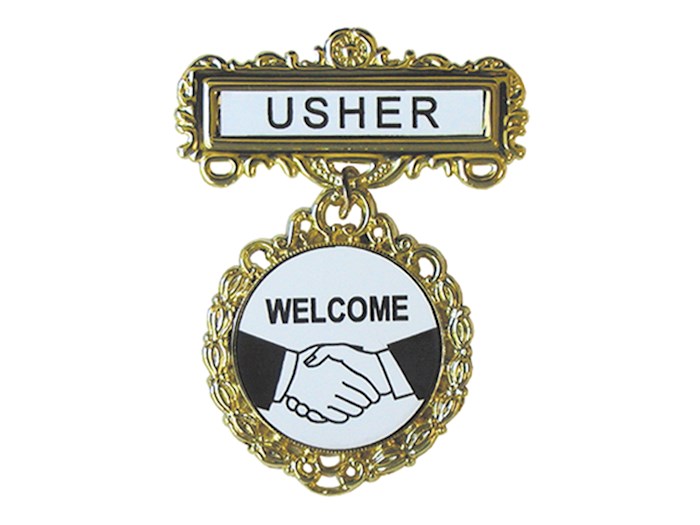 {=Badge-Usher Welcome-Pin Back-Fancy Round-Brass}