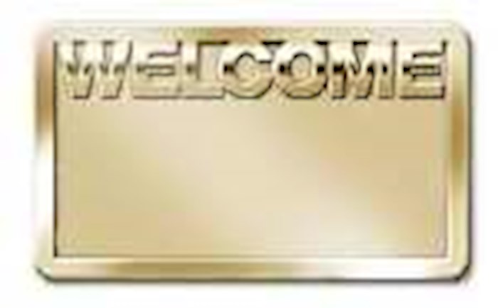 {=Badge-Welcome w/Bold Lettering-Magnetic Back-Brass (3-2/3" x 2-1/16")}