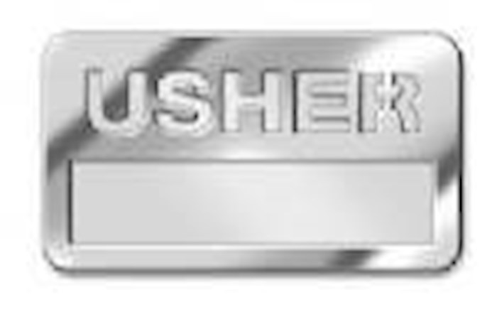 {=Badge-Usher w/Cut Out Lettering-Magnetic Back-Silver (1-1/2" x 3-1/2")}