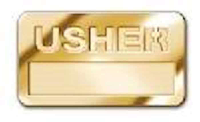 {=Badge-Usher w/Cut Out Lettering-Magnetic Back-Brass (1-1/2" x 3-1/2")}