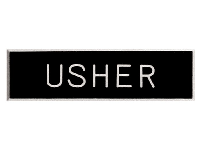 {=Badge-Usher-Pin Back (5/8 x 2)-Plastic}
