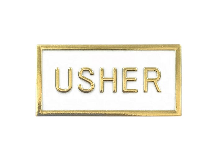 {=Badge-Usher-Pin Back-White/Gold (1 x 2) (Pack Of 24)}