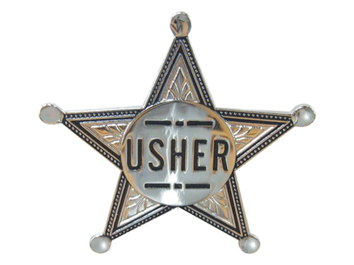 {=Badge-Usher-Pin Back (2" Silver Star)-Metal}