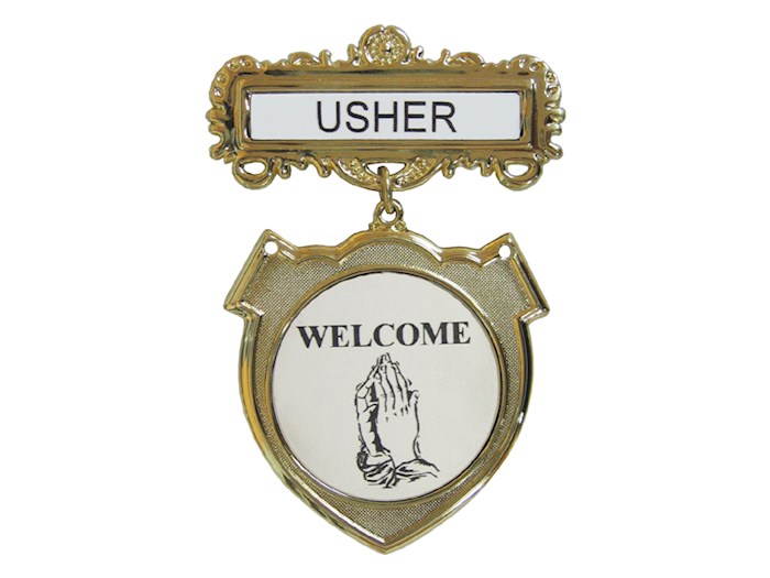 {=Badge-Usher-Welcome-(Praying Hands)-Pin Back-Brass-Fancy Round Badges}