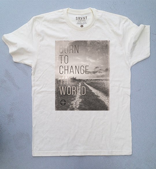 {=Tee Shirt-Born To Change The World Mens Premium Fitted Tee-Medium-Natural W/Brown/Grey }