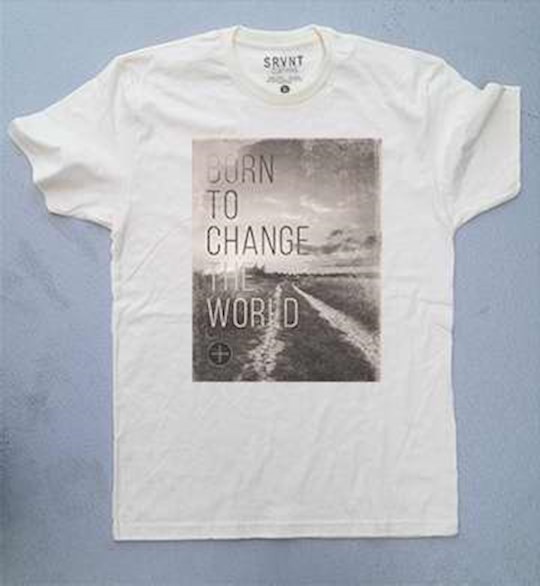 {=Tee Shirt-Born To Change The World Mens Premium Fitted Tee-Large-Natural W/Brown/Grey }