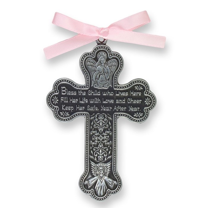 {=Crib Cross-Bless This Child w/Pink Ribbon-Pewter (Gift Boxed)}