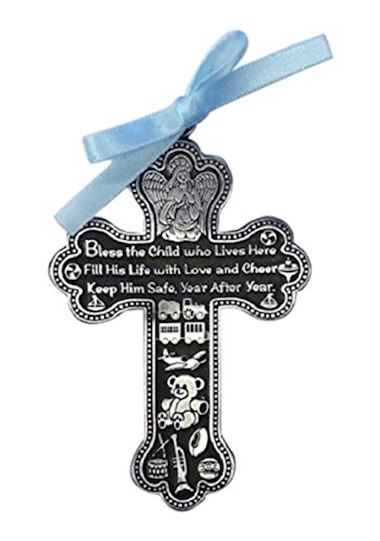 {=Crib Cross-Bless This Child w/Blue Ribbon-Pewter (Gift Boxed)}
