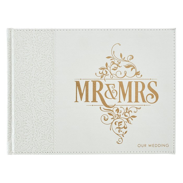 {=Guest Book-Wedding w/Gift Box-White LuxLeather-Mr. And Mrs. (8.25" x 6")}
