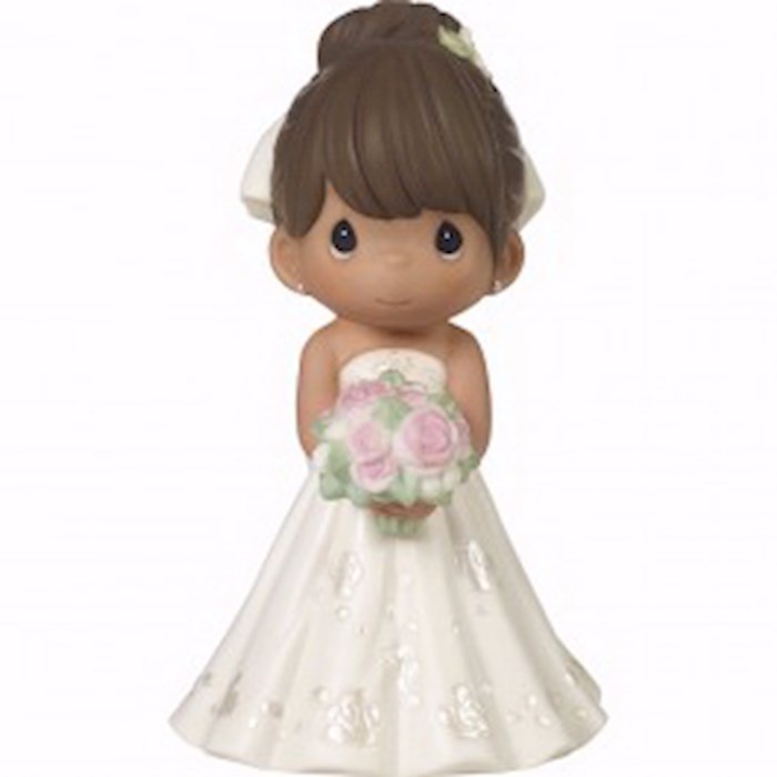 {=Figurine-Bride Wedding Cake Topper-Brown Hair  Medium Skin Tone (5")-Bisque Porcelain}