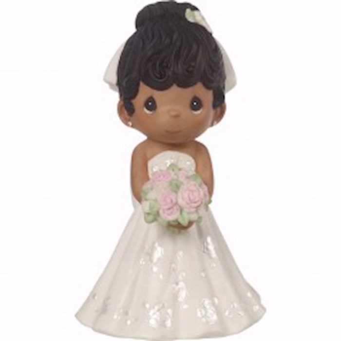 {=Figurine-Bride Wedding Cake Topper-Black Hair  Dark Skin Tone (5")-Bisque Porcelain}