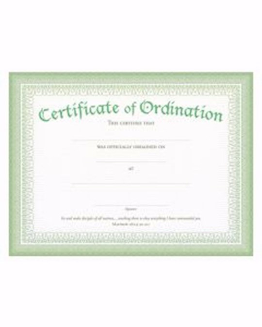 {=Certificate-Ordination (Matthew 28:19-20) (Green Foil Embossed  Premium Stock) (Pack Of 6)}