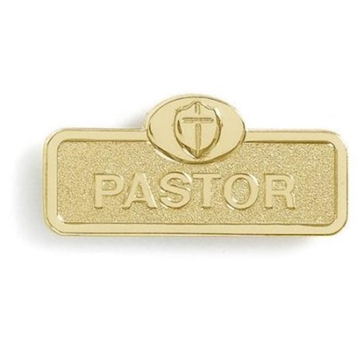 {=Badge-Pastor w/Cross-Magnetic Back-Brass (2-1/16" x 7/8")}