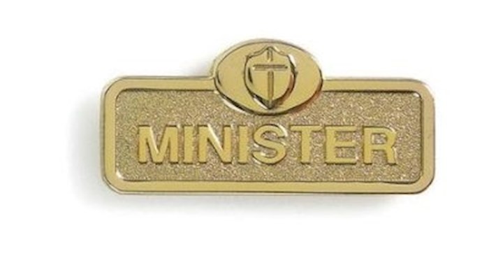{=Badge-Minister w/Cross-Magnetic Back-Brass (2-1/16" x 7/8")}