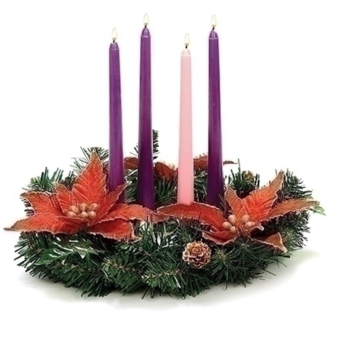 {=Advent Wreath w/Pine & Poinsettia Candleholder (14")}