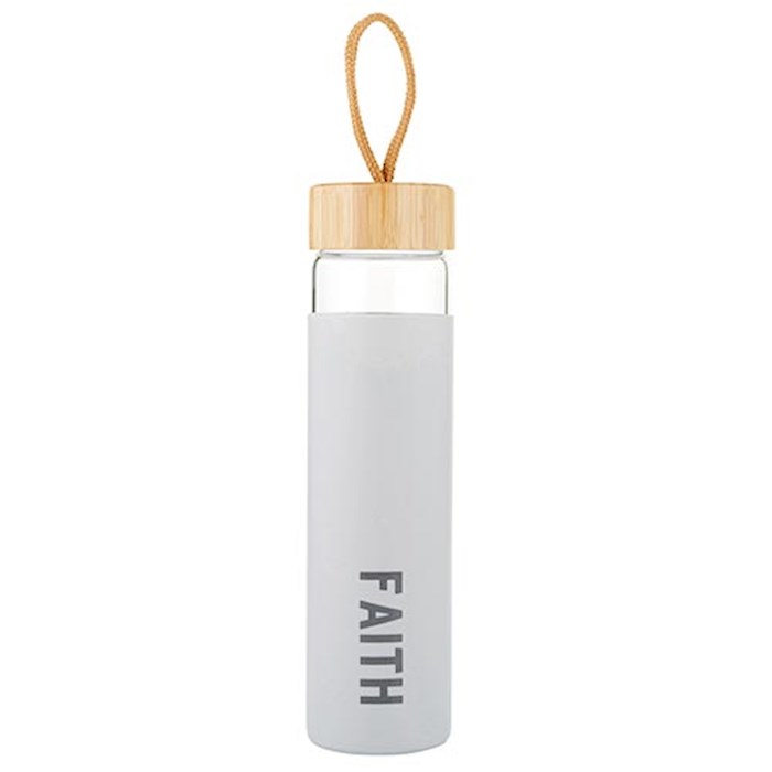 {=Glass Water Bottle-Faith w/Silicone Sleeve  Bamboo Lid (10"H Holds 20 Oz)}
