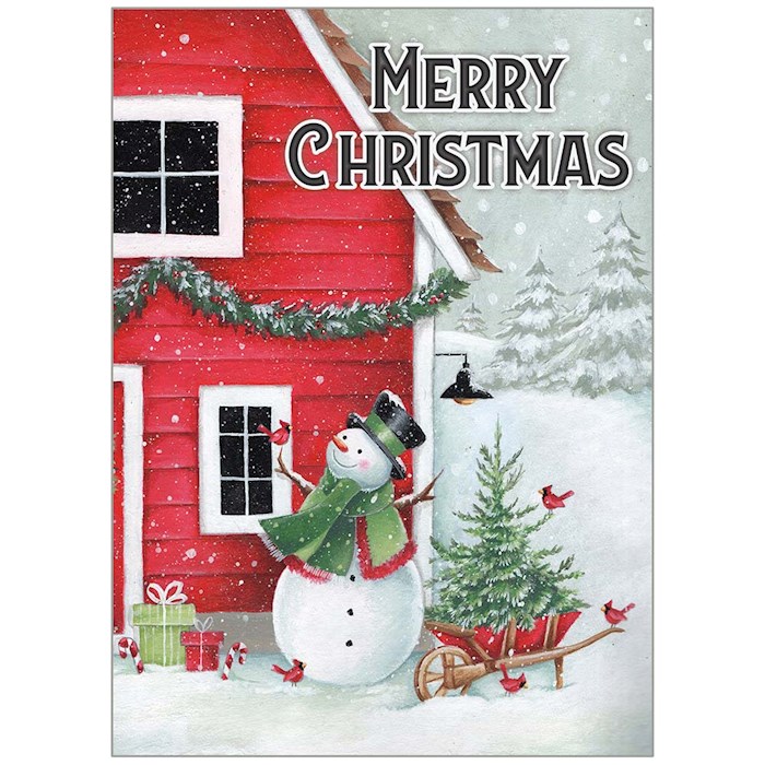 {=Card-Boxed-Christmas-Snowman at the Farmhouse (James 1:17 KJV) (Box Of 20)}