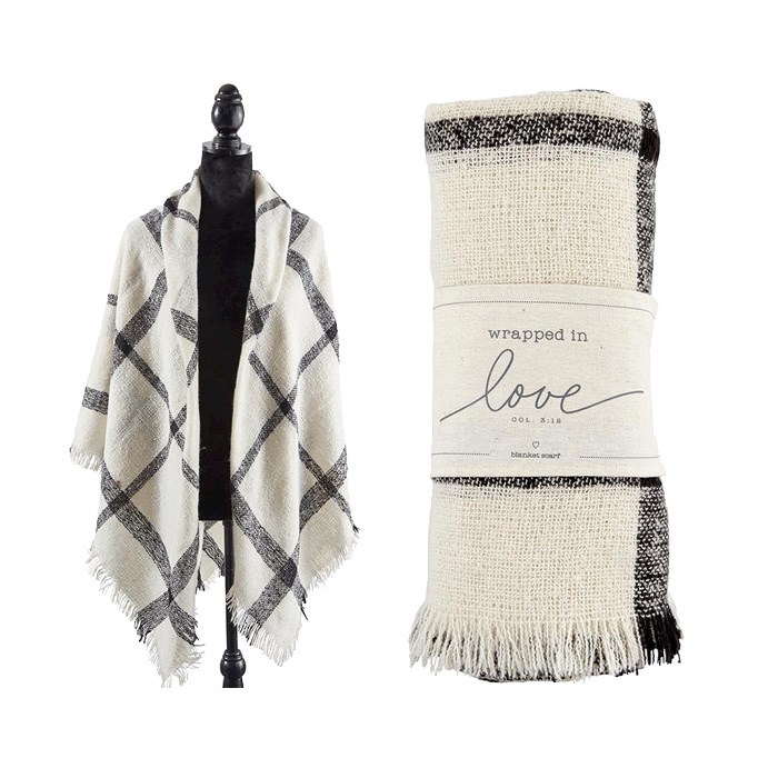 {=Blanket Scarf-Wrapped In Love-Black & White Plaid (55" SQ)}