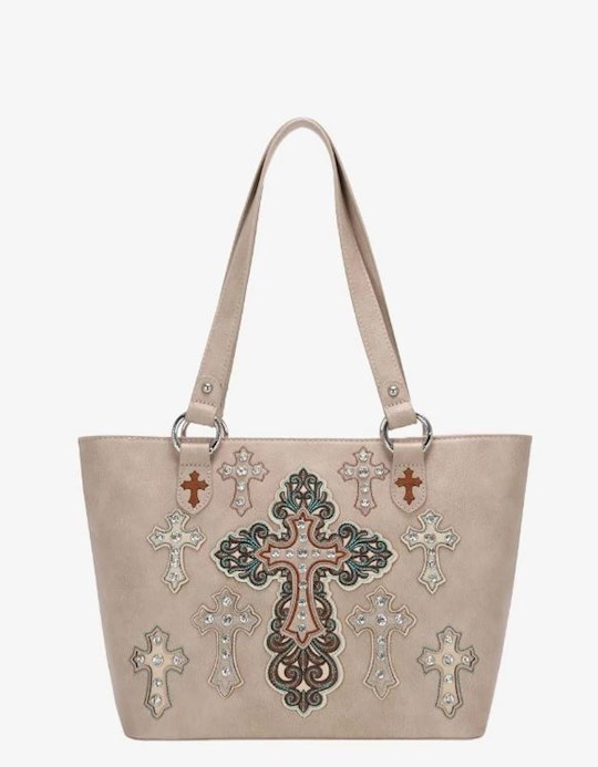 {=Tote-Embroidered Multiple Cross (Concealed Carry)-Tan}