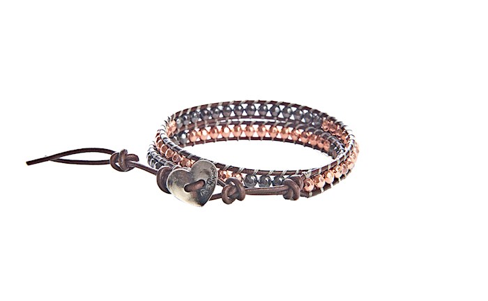 {=Bracelet-2 Wrap-Copper & Gunmetal Beads w/Dark Brown Leather}