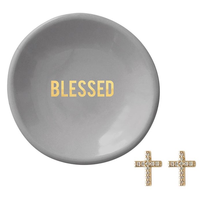 {=Trinket Tray & Earrings-Blessed-Cross/Gray (3"D)}