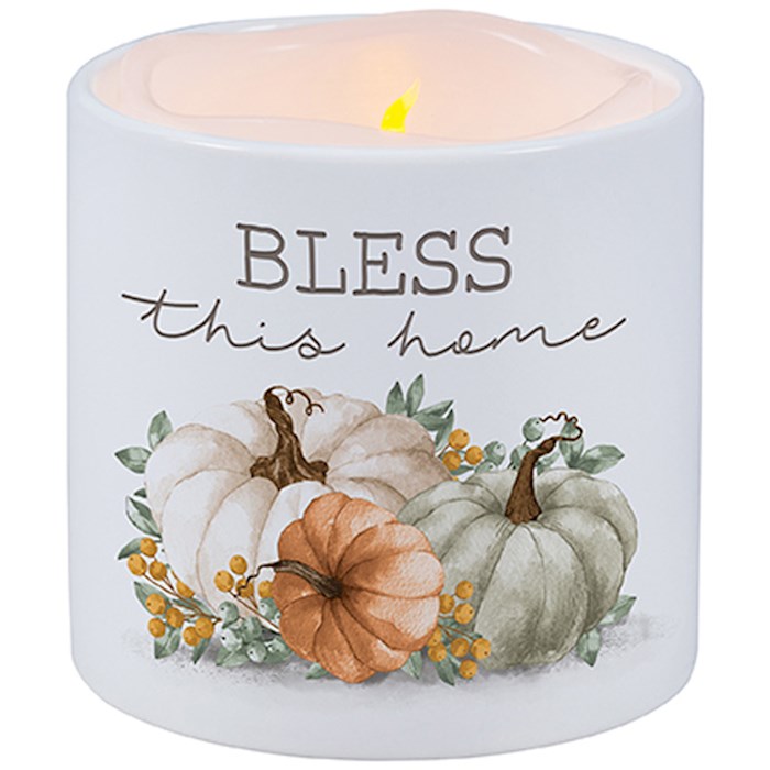 {=Candle With Ceramic Holder-Flickering LED w/Timer-Vanilla-Bless This Home (3" X 3")}