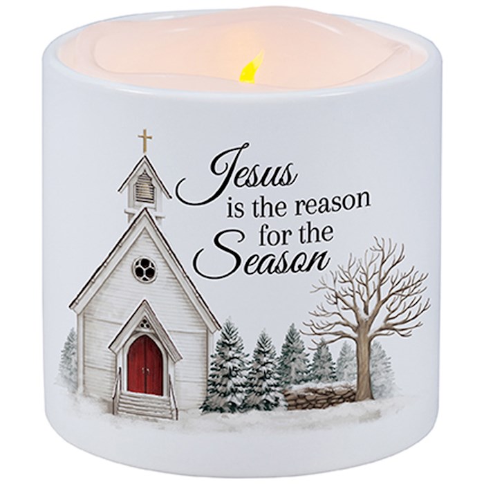 {=Candle With Ceramic Holder-Flickering LED-w/Timer-Vanilla-Reason For The Season (3" X 3")}