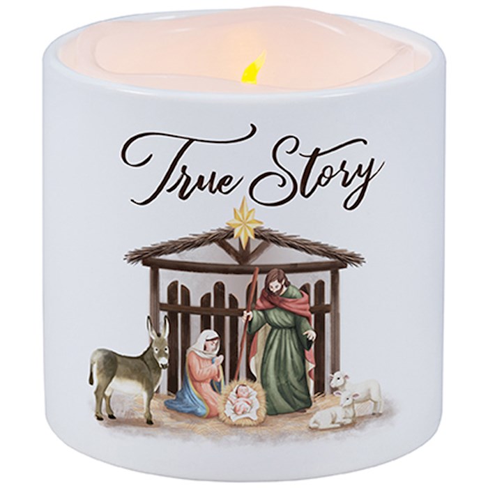 {=Candle With Ceramic Holder-Flickering LED--w/Timer-Vanilla-True Story (3" X 3")}