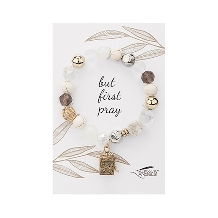 {=Bracelet-Gold Prayer Box/But First Pray-Stretch}
